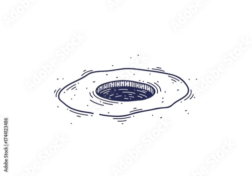 Vintage fishing hole on frozen lake illustrated in navy blue with detailed circular design and rippling water effects.