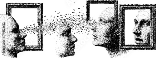 Intricate dotwork and stippling illustration of mirrored silhouettes with human faces