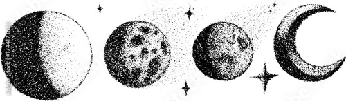 Celestial moons and stars dotwork stipple art for design projects