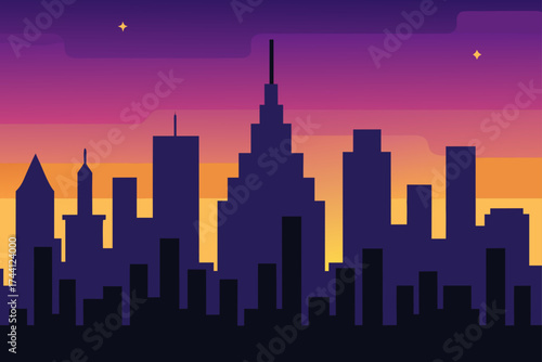 Vibrant twilight city skyline silhouette vector illustration