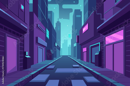 Cyberpunk alleyway holographic ads futuristic cityscape vector illustration