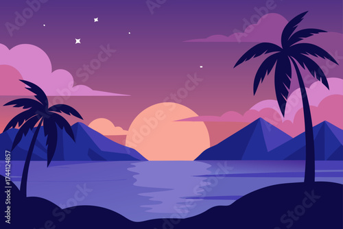 Tropical sunset vector art tranquil ocean palm trees twilight sky