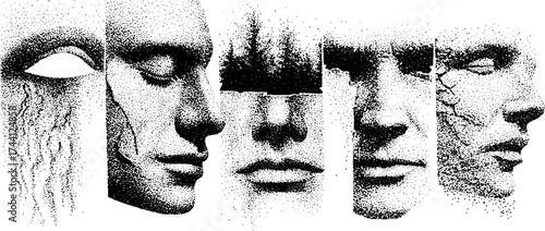 Intricate dotwork stippling illustration of pixelated faces for artistic design