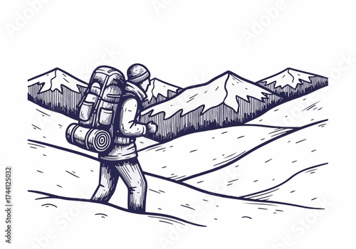 Adventurer with backpack traversing snowy landscape, surrounded by majestic mountains, showcasing winter exploration and outdoor adventure in a serene environment