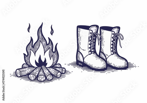 Cozy campfire with flames surrounded by logs and a pair of sturdy winter boots, creating a warm atmosphere for outdoor adventures and winter gatherings
