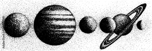 Detailed dotwork stippling illustration of planets and moon for artistic designs