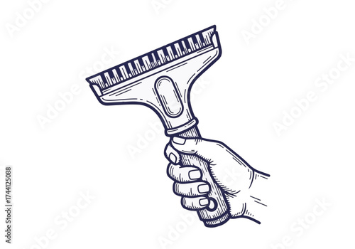 Hand holding a squeegee tool designed for cleaning surfaces, showcasing ergonomic grip and functionality, ideal for winter maintenance tasks and home care