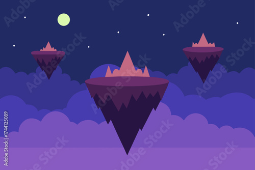Fantasy floating islands dusk sky vector illustration scalable eps