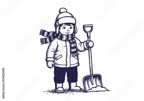 Child wearing winter clothing, holding a snow shovel, smiling cheerfully in a snowy environment, showcasing the joy of winter activities and outdoor play