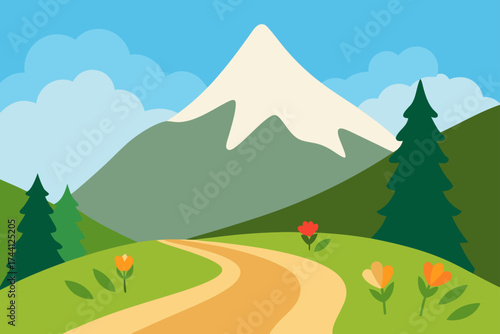 Vector mountain trail with alpine wildflowers and snow-capped peak