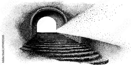 Intricate dotwork stipple illustration of a mysterious portal and staircase