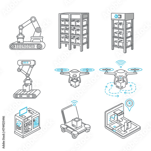 Line icons illustrate modern logistics automation with robotic warehouses, drone delivery, and smart inventory management, optimizing future supply chains.
