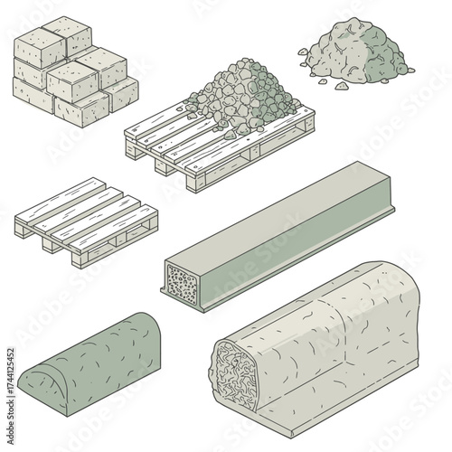An isometric illustration showcasing essential construction materials like concrete blocks, gravel, sand, and precast elements, vital for building and infrastructure projects.