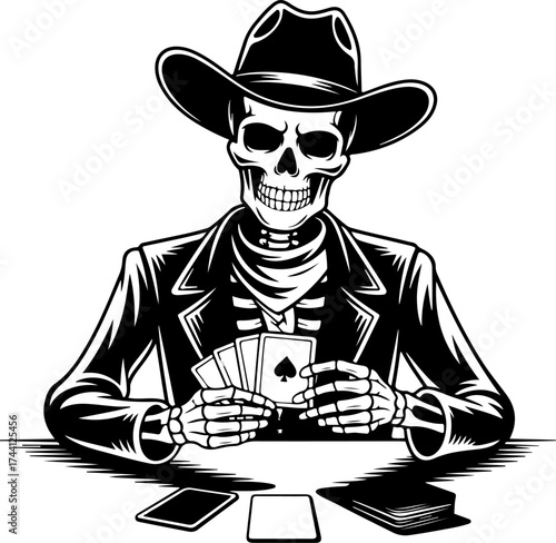 Undead cowboy skeleton with a poker face holding cards, a vintage Western gambler illustration