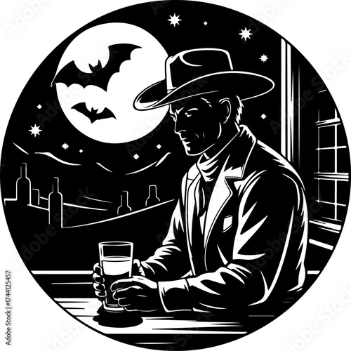 Mysterious Cowboy Silhouette with a Drink Under a Spooky Night Sky at a Bar