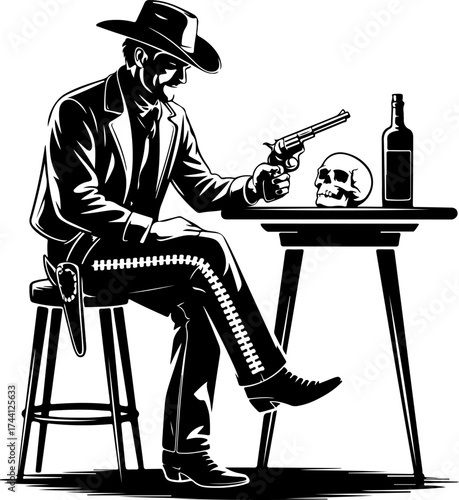 Gritty Western Outlaw Resting with Pistol and Skull on a Saloon Table at Dusk, a Detailed Monochrome Illustration