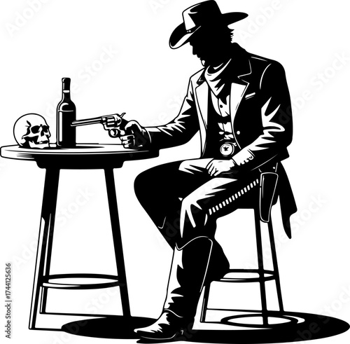 Vector Illustration of Cowboy in Saloon with Skull and Bottle
