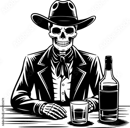 Skeleton Cowboy Drinks Whiskey A Gothic Western Saloon Scene Illustration