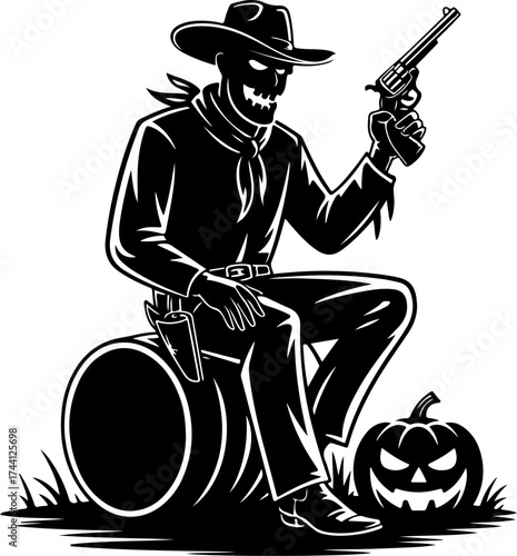 Spooky Cowboy A Sinister Figure with a Revolver, Halloween Silhouette Illustration