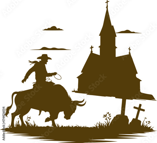 Cowboy Riding Bull Silhouette in Western Scene Church, Cemetery, and Dramatic Sky