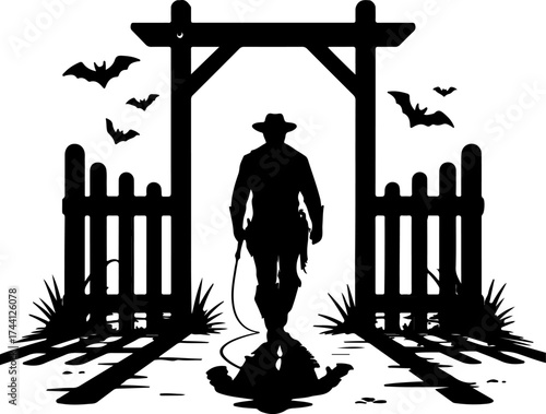 Silhouette of a cowboy walking through a haunted gate with bats flying overhead