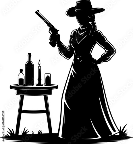 Silhouette of a Cowgirl with a Gun and Candlelit Table in the Wild West