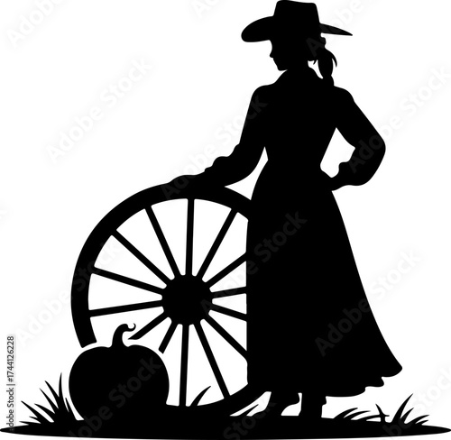Frontier Woman Silhouette Embracing Rustic Charm and Autumn Harvest Symbolism