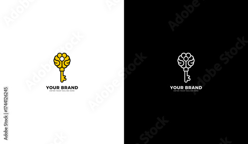 Brain lock logo, brain key line icon
