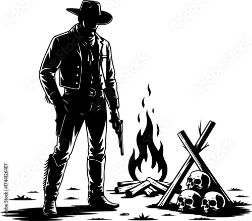 Vigilante cowboy with a pistol, observing a blazing bonfire and a collection of grim skulls in a monochrome setting