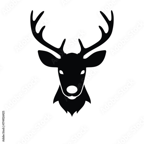 Black silhouette of a deer head with antlers Keywords: deer, stag, buck, head, silhouette