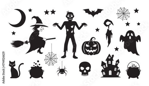 Spooky halloween silhouettes witch zombie ghost pumpkin bat cat skull haunted house icons