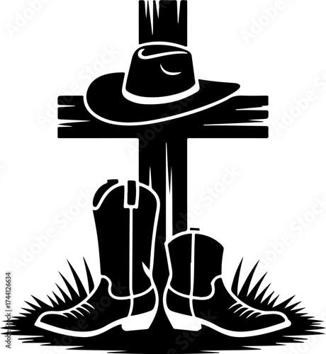Cowboy Hat and Boots on a Cross Symbolizing Faith and Western Heritage