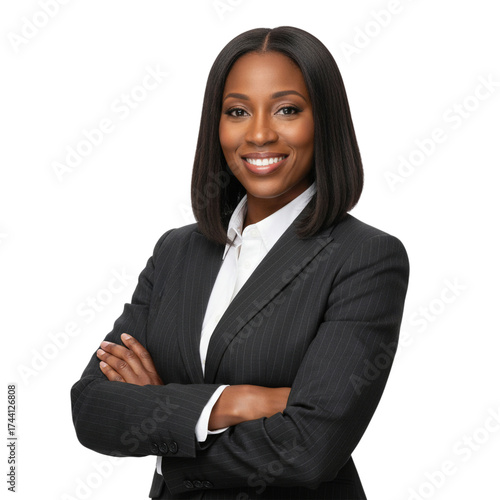 Confident African American businesswoman with arms crossed in a pinstripe suit female