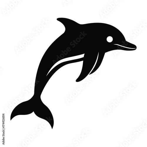 Black silhouette of a dolphin in a leaping pose on white jumping ocean