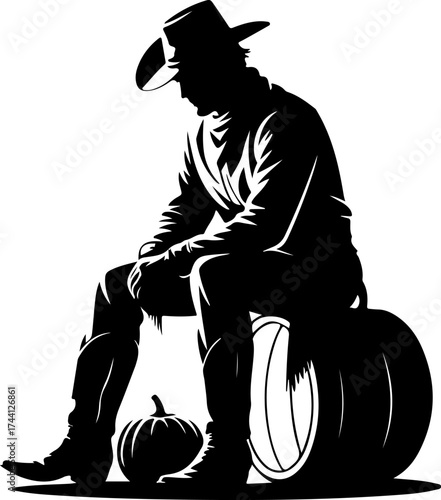 Rugged cowboy figure finds solace atop a rustic pumpkin, capturing the essence of autumn