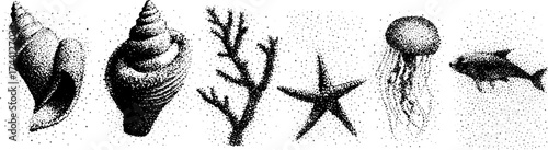 Detailed dotwork stippling of marine life: shells, corals, and sea creatures for art and design