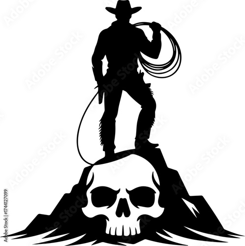 Silhouette of a Cowboy Standing on a Skull with a Lasso Ready for Action