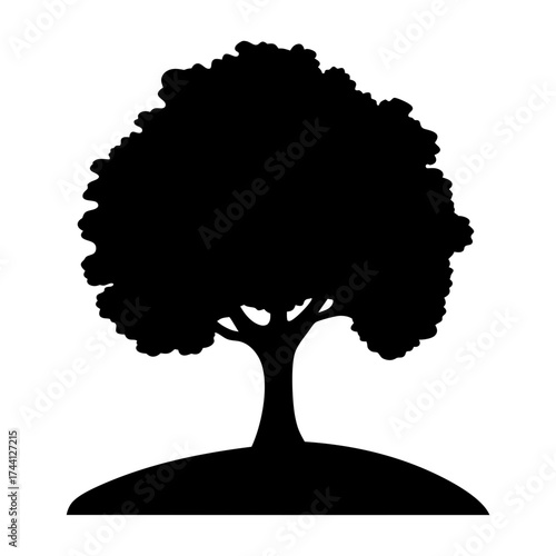 Vector art of silhouette of a tree on a hill, featuring a black shape with a full canopy and a small mound
