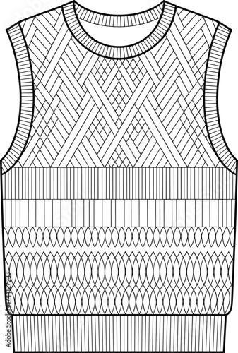 Front Technical Sketch of Sleeveless Knitted Vest with Ribbed Neckline, Ribbed Armholes, Ribbed Hem, Crisscross Lattice Pattern, Horizontal Ribbing, and Diamond Honeycomb Texture