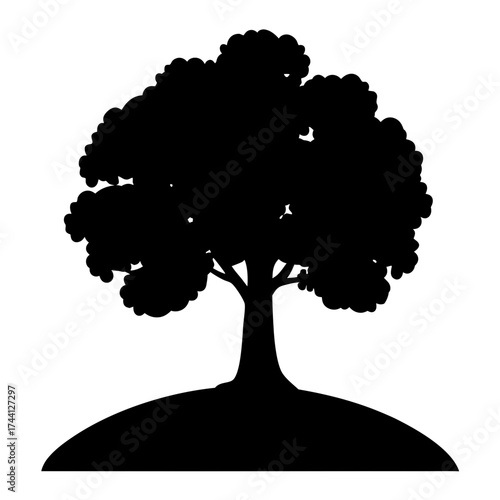 Vector art of silhouette of a tree on a hill, featuring a black shape with a full canopy and a small mound