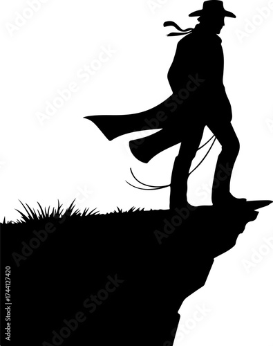 Striking graphic of a powerful silhouette, a lone figure standing on a dramatic cliff edge, embodying adventure and freedom