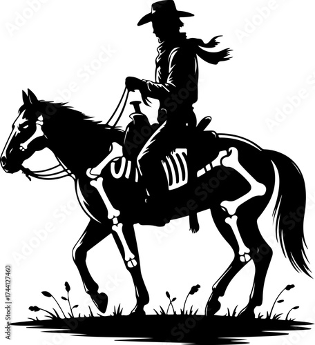 Silhouette of a skeleton cowboy riding a horse with bone details