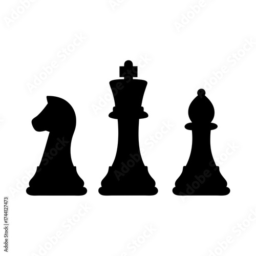 Vector art of chess pieces a knight, a king, and a bishop stand ready for a strategic game of skill and intellect