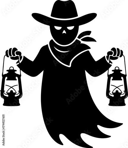Silhouette of a Ghostly Cowboy Holding Lanterns in a Western Scene