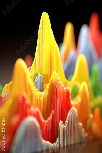 A vibrant, abstract representation of data visualizations featuring colorful peaks and valleys in a striking three-dimensional form.
