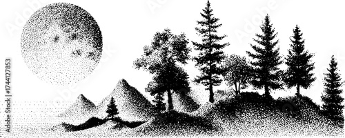Scenic mountain landscape with forest and moon in detailed dotwork stippling