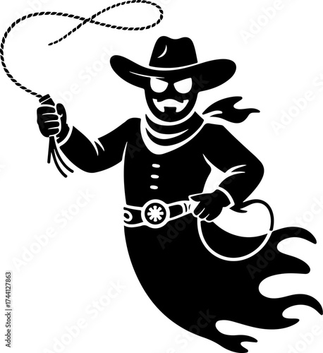 Intriguing Ghostly Cowboy Silhouette Wielding a Lasso in a Dynamic Vector Illustration Design