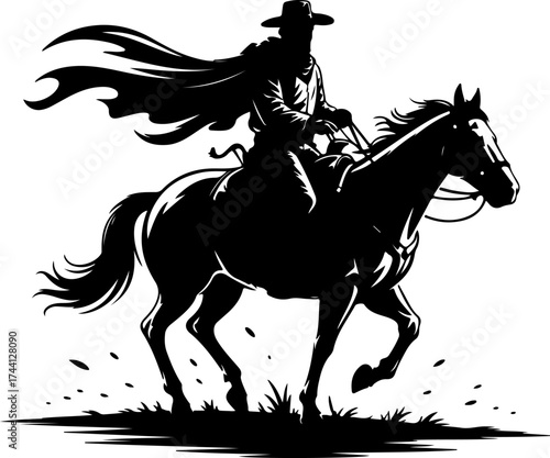 Silhouette of a Masked Rider on Horseback Under a Flowing Cape with Grassy Ground