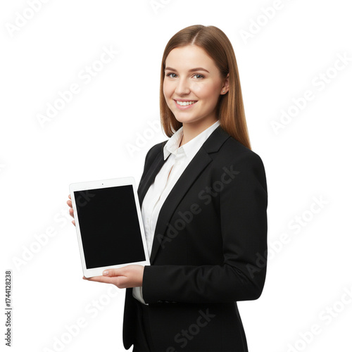 Woman in black suit holding a tablet with a black screen on a white background adult