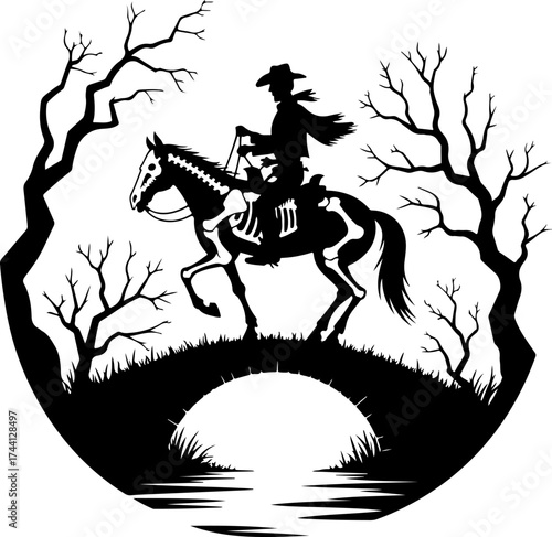 Lone equestrian silhouette crosses an arched bridge, framed by stark winter trees, a symbolic journey